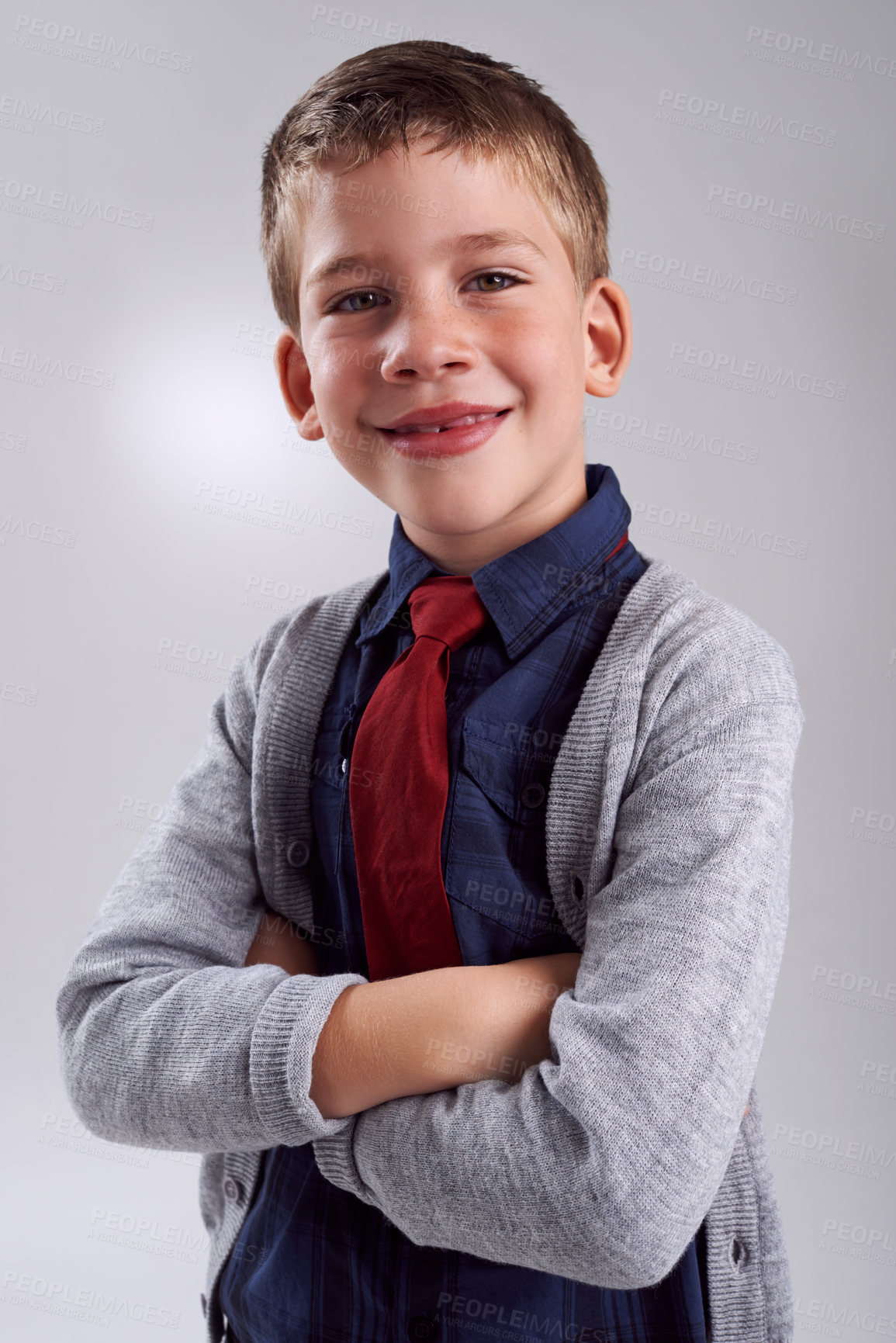 Buy stock photo Smile, crossed arms and portrait of child in studio with classy, elegant and fashion shirt and tie. Happy, cute and young boy kid with fancy style with confidence isolated by gray background.