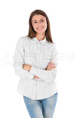 Buy stock photo Woman, portrait and arms crossed with work fashion, style and trendy clothing with a smile in studio. Happy, creative designer and confidence with modern and clothes with white background and jeans