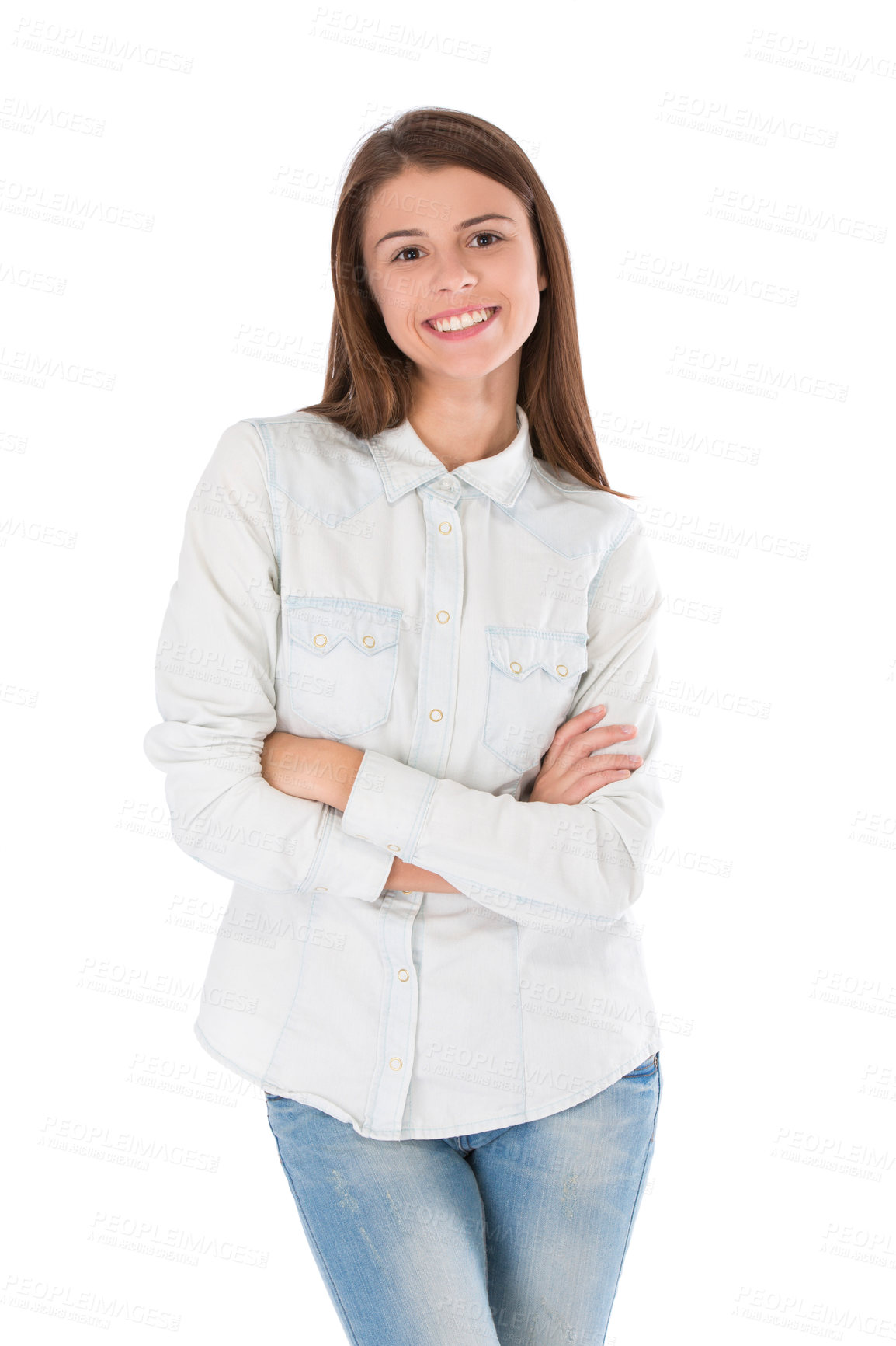 Buy stock photo Woman, portrait and arms crossed with work fashion, style and trendy clothing with a smile in studio. Happy, creative designer and confidence with modern and clothes with white background and jeans