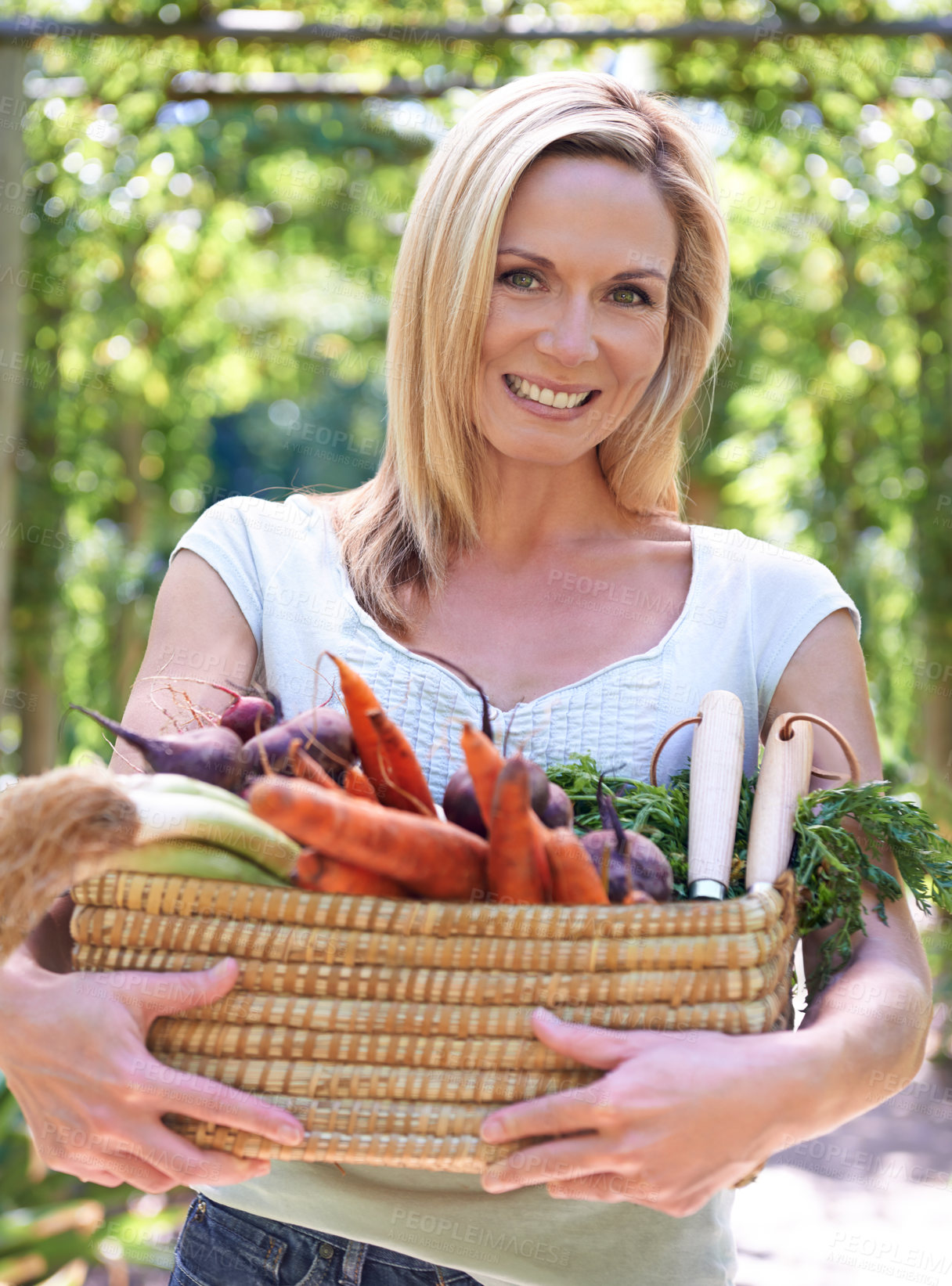 Buy stock photo Woman, portrait and basket of vegetables or farming harvest for small business, production or sustainability. Female person, face and carrots or beetroot with leafy greens for career, organic or diet