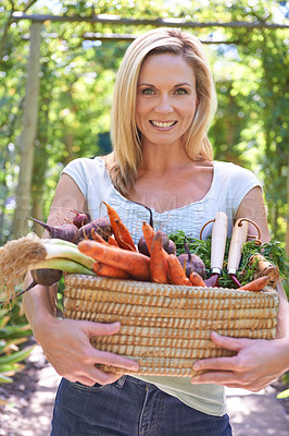 Buy stock photo Woman, portrait and basket of vegetables for agriculture harvest for small business, production or sustainability. Female person, face and carrots or beetroot or eco farming career, organic or diet