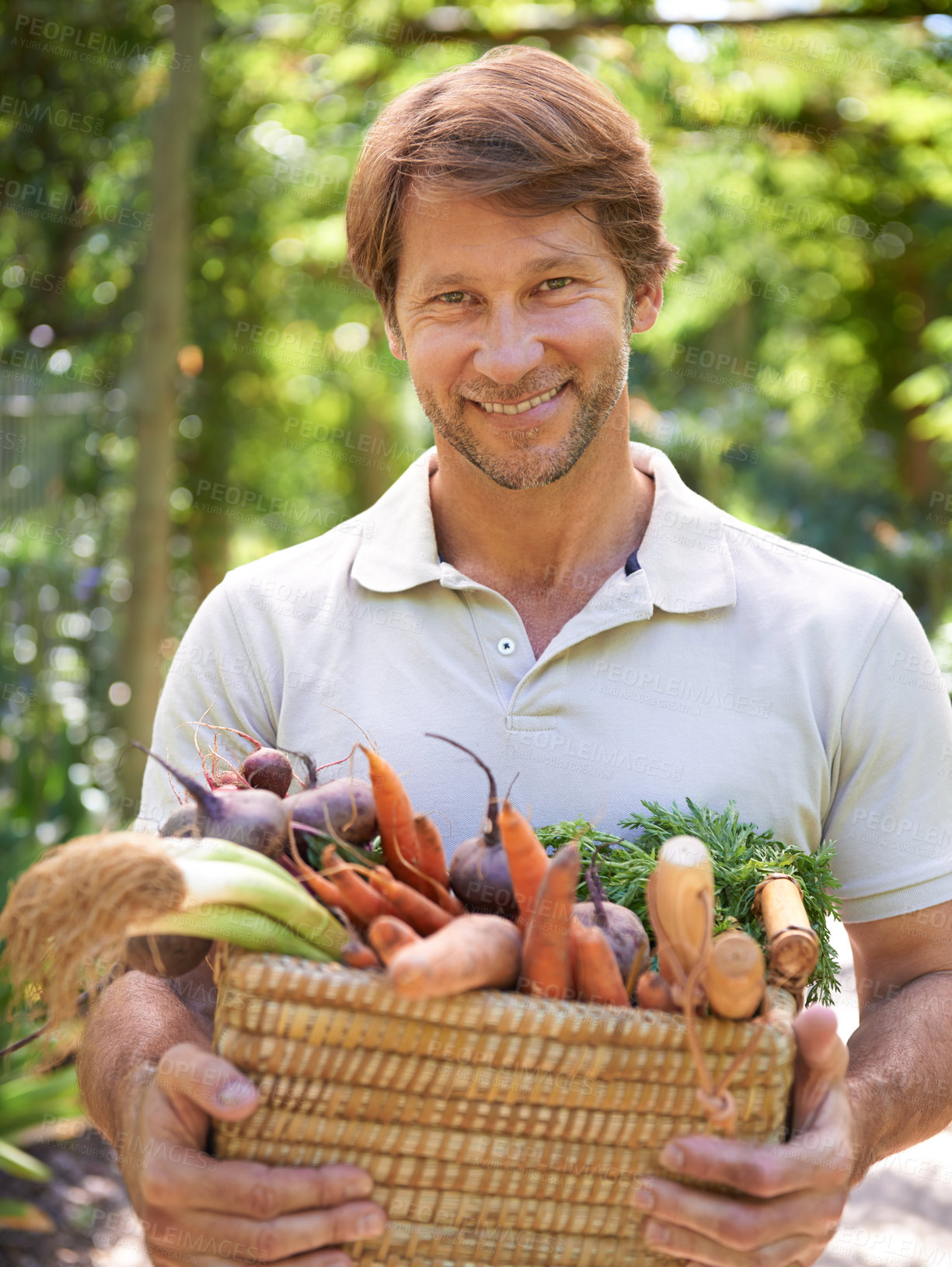 Buy stock photo Man, portrait and basket for vegetables harvest for small business or agriculture, production or sustainability. Male person, face and carrots or beetroot forr eco farming career, gardening or diet