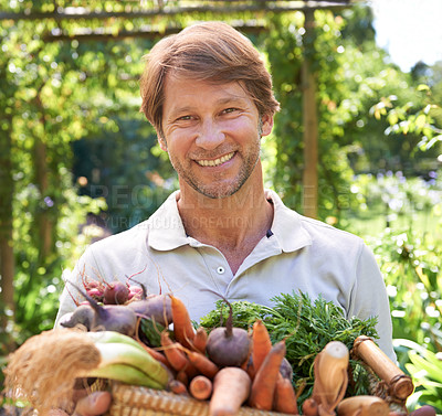 Buy stock photo Farmer, portrait and basket for vegetables agriculture for small business or gardening, production or sustainability. Male person, face and carrots or beetroot for eco friendly, nutrition or diet