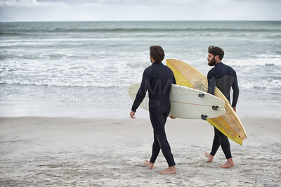 Buy stock photo Man, friends and surfer at beach for waves, sport or exercise on sandy shore in outdoor fitness. Rear view of male person or people with surfboard for surfing on ocean coast, sea or water in nature