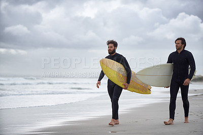 Buy stock photo Man, friends and surfer at beach for exercise, sport or waves on sandy shore in outdoor fitness. Male person or young people with surfboard for surfing or hobby on ocean coast, sea or water in nature