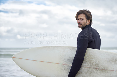 Buy stock photo Man, portrait and surfer on beach for exercise, sport or waves on shore in outdoor fitness. Rear view of male person or athlete with surfboard for surfing hobby on ocean coast, sea or water in nature