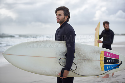 Buy stock photo Man, friends and surfer on beach for fitness, sport or waves on shore in outdoor exercise. Young male person or people with surfboard for surfing challenge or hobby on ocean coast or water in nature