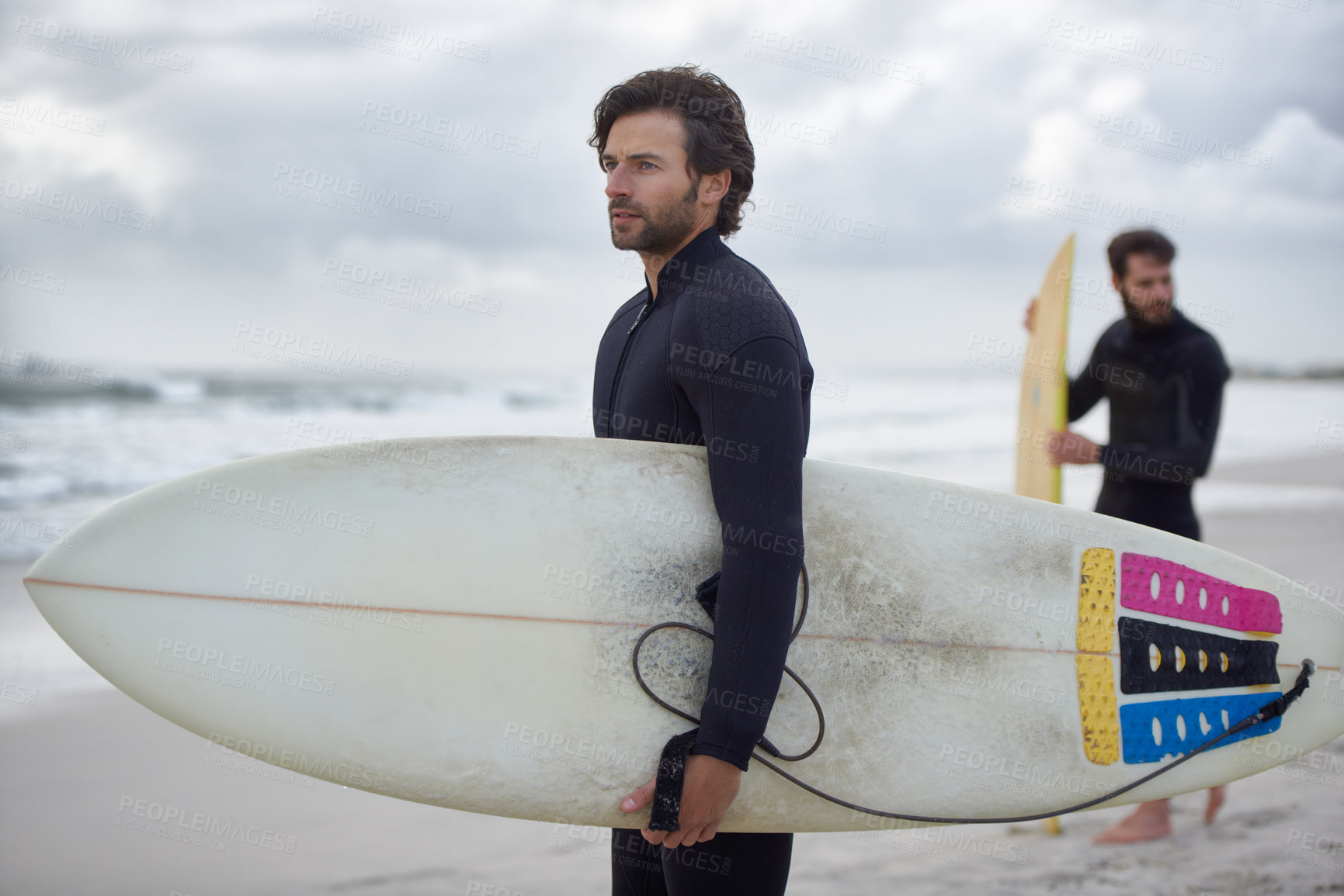 Buy stock photo Man, friends and surfer on beach for fitness, sport or waves on shore in outdoor exercise. Young male person or people with surfboard for surfing challenge or hobby on ocean coast or water in nature