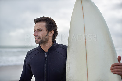 Buy stock photo Surfboard, waves and man on beach for surfing on vacation, holiday and weekend in ocean. Relax, thinking and person in wetsuit for water sports, hobby and exercise for adventure and freedom in sea