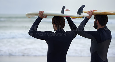 Buy stock photo Man, friends and surfer on beach for fitness, sport or waves on shore in outdoor exercise. Rear view of male person or people with surfboard for surfing challenge, tide or hobby by ocean in nature