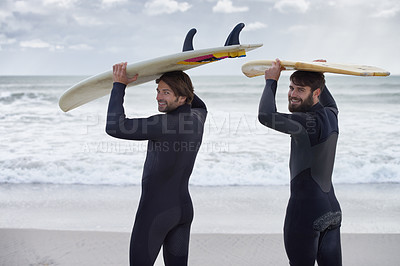 Buy stock photo Man, portrait and surfer friends on beach for fitness, sport or waves on shore in outdoor exercise. Young male person or people smile with surfboard for surfing challenge or hobby on ocean in nature