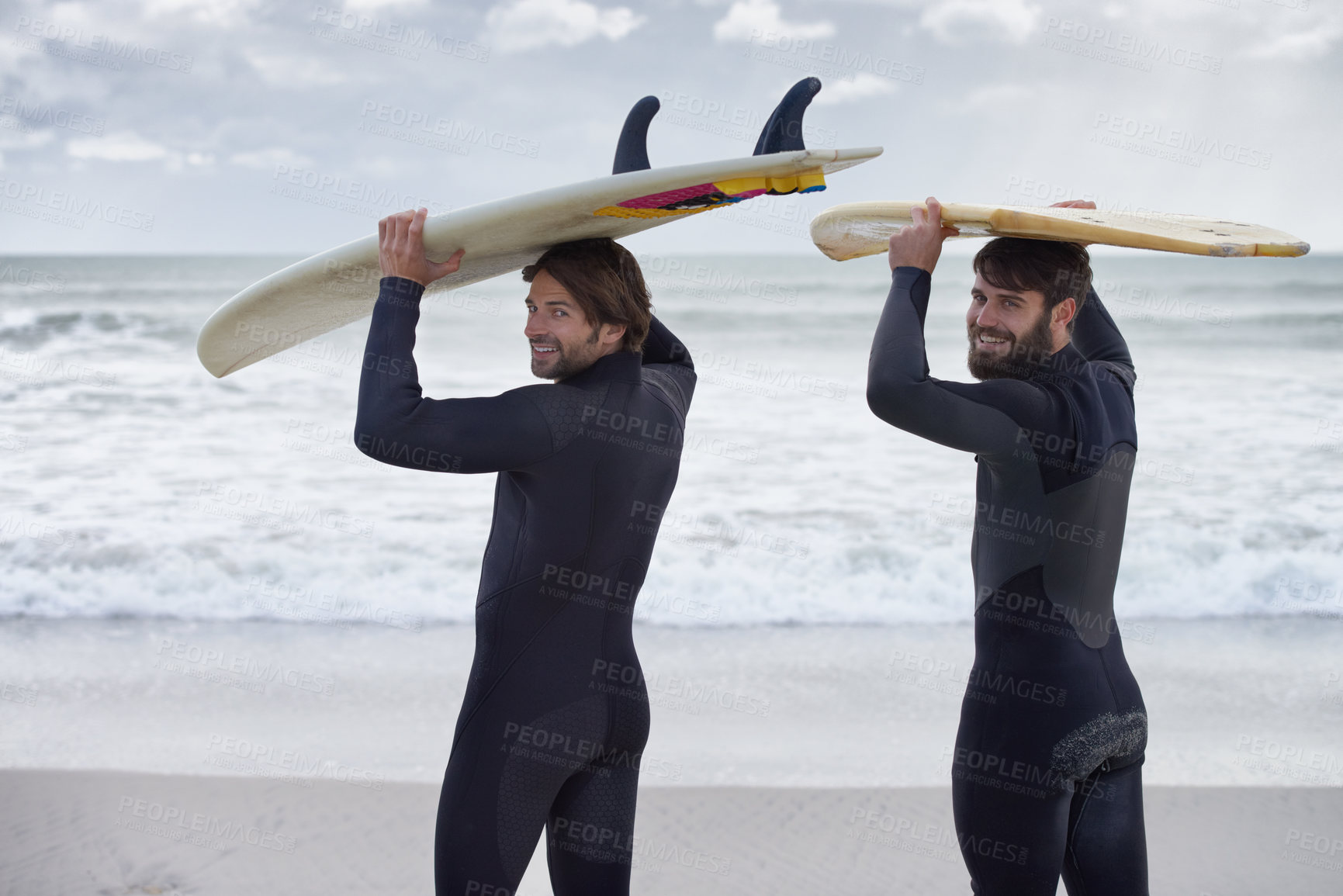 Buy stock photo Man, portrait and surfer friends on beach for fitness, sport or waves on shore in outdoor exercise. Young male person or people smile with surfboard for surfing challenge or hobby on ocean in nature