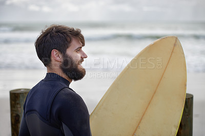 Buy stock photo Man, surfboard and exercise at beach on vacation, weekend and sports for fitness in water. Happy male person, hobby and island for ocean waves, wetsuit and traveling on holiday or getaway for peace