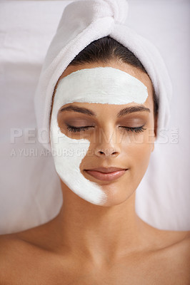 Buy stock photo Happy woman, relax and face mask at spa for skincare, beauty or makeup cosmetics at hotel or resort. Calm female person or model with smile in satisfaction for facial treatment, zen or anti aging