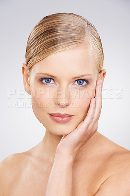Buy stock photo Beauty, skin and portrait of elegant woman in studio with confidence, natural makeup or facial glow. Glamour, cosmetics and face of girl on white background for healthy skincare, shine and wellness.