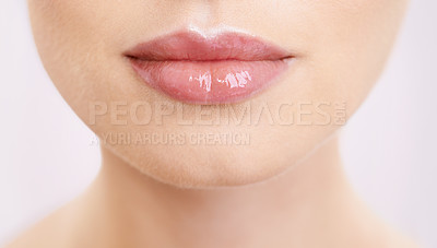 Buy stock photo Beauty, lips and makeup with woman closeup in studio on purple background for mouth cosmetics. Skincare, lipstick and cosmetology with model at spa or salon for dermatology, makeover or treatment