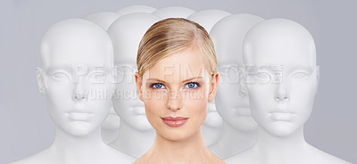 Buy stock photo Woman, mannequins and portrait for identity, beauty and individuality on studio background. Person, skincare and dummy with face for creativity and cosmetics or unique ideas for satisfaction and skin