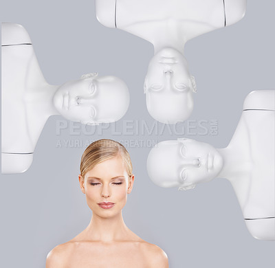 Buy stock photo Woman, makeup and mannequin in studio for beauty, cosmetics and topless on white background for wellness. Dummy, perfection and female person with skincare for glow, dermatology and lifestyle