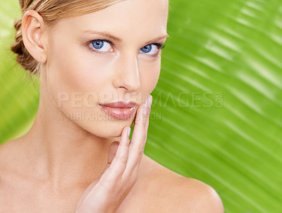 Buy stock photo Woman, portrait and cosmetic health with leaf background for organic wellness for beauty skin, treatment or makeup. Female person, face and hand for fresh dermatology or natural, studio or mockup