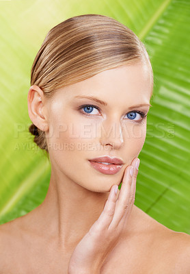 Buy stock photo Woman, portrait and cosmetic beauty with leaf background for organic wellness for healthy skin, treatment or makeup. Female person, face and hand for fresh dermatology or natural, studio or mockup