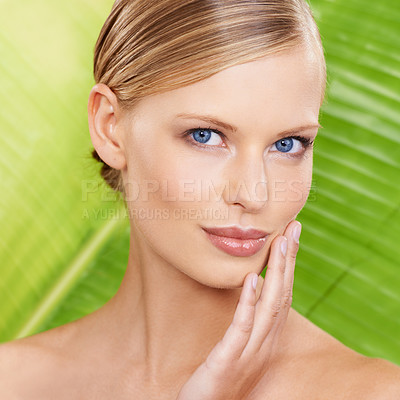 Buy stock photo A beautiful young woman touching her face with a green leaf in the background