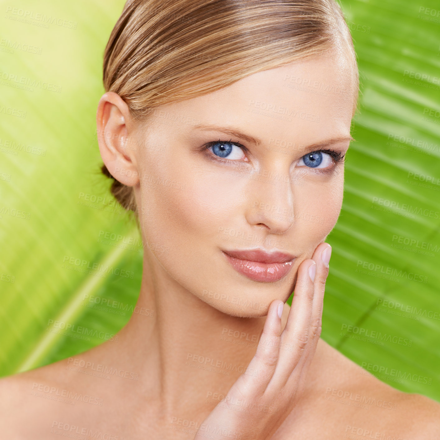 Buy stock photo A beautiful young woman touching her face with a green leaf in the background