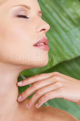 Buy stock photo Closeup shot of an attractive blonde woman against a green leaf background