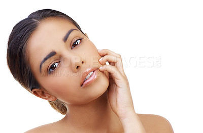 Buy stock photo Skincare, portrait and woman in studio with natural, glow and healthy face routine for wellness. Beauty, model and female person with facial dermatology treatment by white background with mockup.