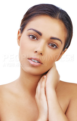 Buy stock photo Skincare, health and portrait of woman in studio with natural, glow and face routine for wellness. Beauty, cosmetic and young female person with facial dermatology treatment by white background.