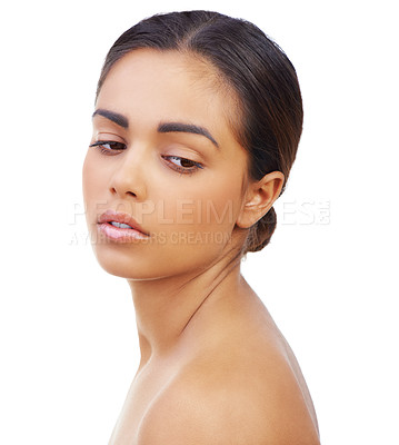 Buy stock photo Beauty, woman or thinking of skincare, facial or cosmetology as wellness, natural makeup or glow. Idea, female person or flawless skin in cosmetic, health or planning as vision of dermatology