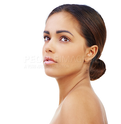 Buy stock photo Beauty, thinking and woman in studio with natural, glow and healthy face routine for wellness. Skincare, idea and young female person with facial dermatology treatment by white background with mockup