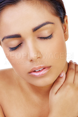 Buy stock photo Skincare, face and woman in studio with natural, glow and healthy routine for wellness. Beauty, cosmetic and closeup of young female person with facial dermatology treatment by white background.