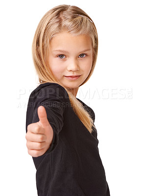 Buy stock photo Pointing, vote and portrait of child in studio for decision, idea and announcement. Feedback, review and advertising emoji with young girl and gesture to you on white background for show and sign