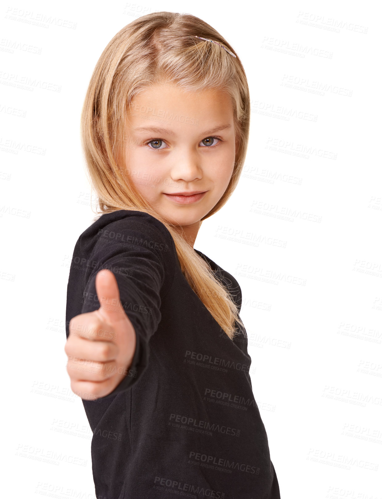 Buy stock photo Pointing, vote and portrait of child in studio for decision, idea and announcement. Feedback, review and advertising emoji with young girl and gesture to you on white background for show and sign