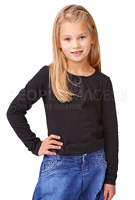 Buy stock photo A cute young girl posing against a white background