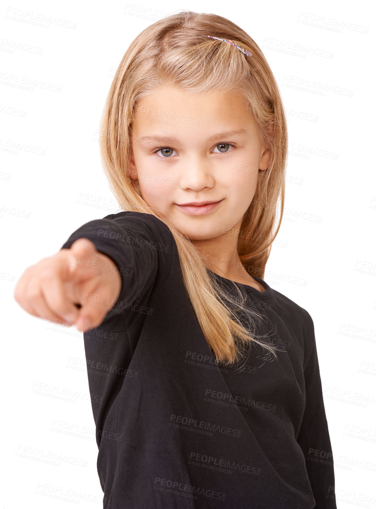 Buy stock photo Pointing, choice and portrait of child in studio for decision, idea and announcement. Feedback, review and advertising emoji with young girl and gesture to you on white background for show and sign