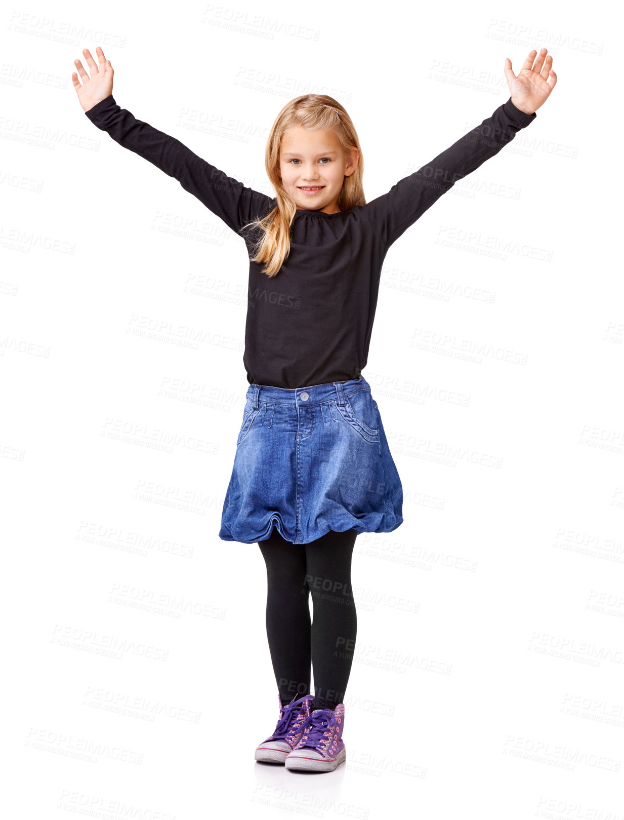 Buy stock photo Excited, young and fashion with portrait of child in studio for cool, student and casual style. Smile, youth and kindergarten with girl isolated on white background for joyful, confidence and model