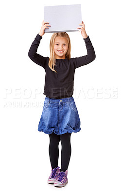 Buy stock photo Poster, show and smile with portrait of child in studio for announcement, advertising and idea. Promotion, opinion and review with young girl and sign on white background for vote, space and mockup