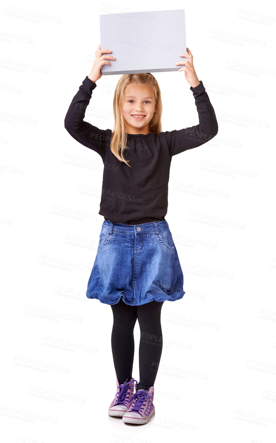 Buy stock photo Poster, show and smile with portrait of child in studio for announcement, advertising and idea. Promotion, opinion and review with young girl and sign on white background for vote, space and mockup