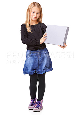 Buy stock photo Poster, paper and smile with portrait of child in studio for announcement, advertising and idea. Promotion, opinion and review with young girl and sign on white background for vote, space and mockup