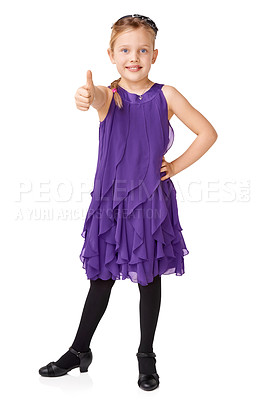 Buy stock photo Portrait, girl and thumbs up for agreement, smile and kid isolated on white studio background. Female child, young person and gesture for success, happiness and winner with dress, goal and motivation