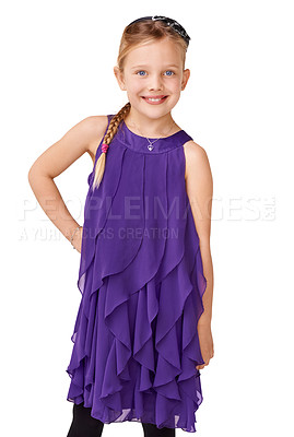 Buy stock photo Portrait, dress and young girl with smile, fashion and kid isolated on white studio background. Female child, fancy clothing and confident with happiness, comfortable outfit and youth on backdrop