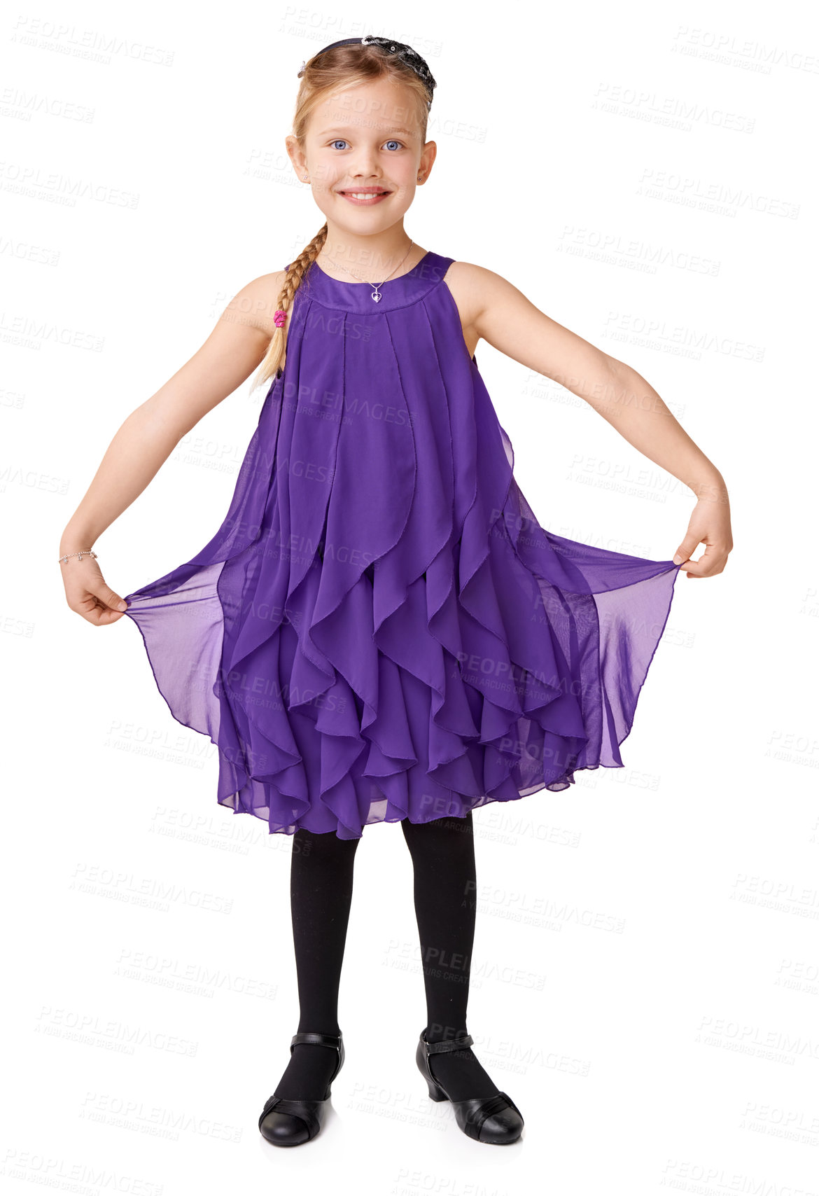 Buy stock photo Ballroom dance, ballet and portrait of little girl dancer, kindergarten child in pretty dress on white background. Art, small folk dancing and happiness, student training in dance studio with curtsy.