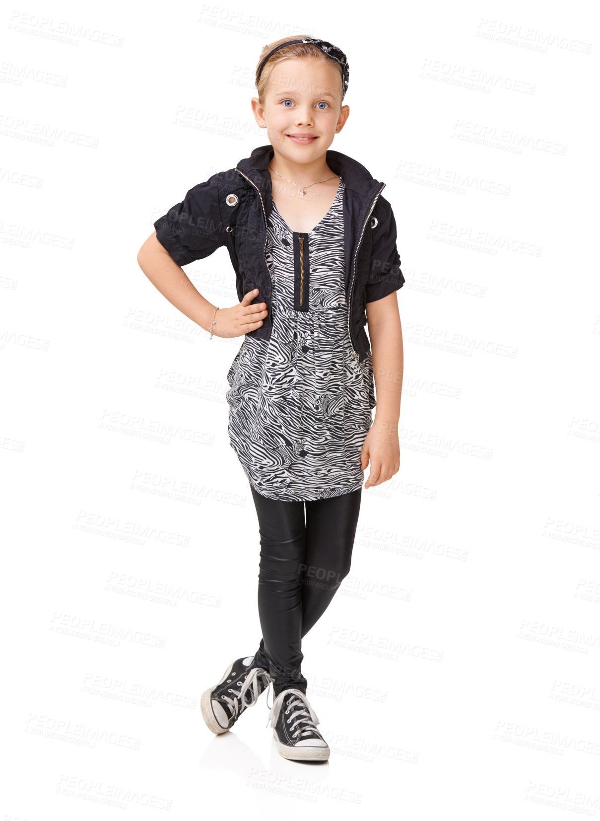 Buy stock photo Fashion, smile and portrait of a girl in clothing on an isolated white background in studio. Stylish, happy and confident child model with trendy, cool and edgy clothes on a studio background