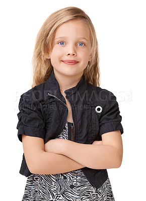 Buy stock photo Arms crossed, smile and portrait of a girl for fashion on a white background in studio. Stylish, fashionable and headshot of a child model with pride, confidence and happiness on a studio background