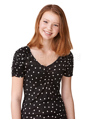 Buy stock photo Portrait, teenage girl or big smile with white background for yearbook or graduation photo in studio. Mock up of happy, female student or gen z teenager with confidence and glow for school picture