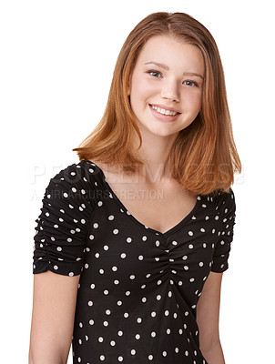 Buy stock photo Basic, fashion and portrait of redhead, teenage girl and smile for hair care in studio for mockup. Gen z youth, glow and mouth in casual clothing for happy, fresh school picture on white background