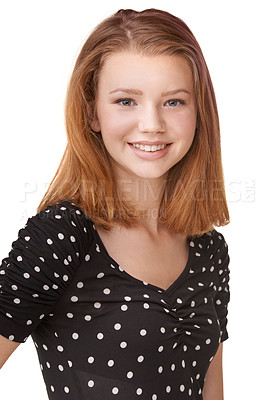 Buy stock photo Basic, portrait, and teenager with smile for fashion, photo and studio with white background. Mock up of happy, confident and gen z young girl with glow for yearbook, graduation or school picture