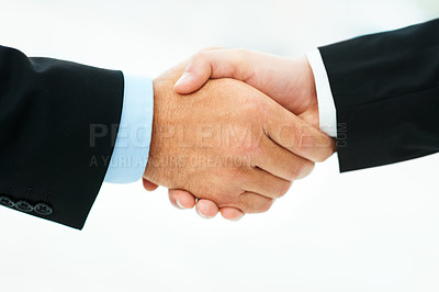 Buy stock photo Business people, shaking hands and thank you for partnership in introduction, hello and opportunity. Deal, onboarding and coworkers in agreement, closeup and promotion in workplace or collaboration
