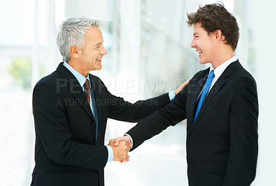 Buy stock photo Business people, shaking hands and thank you for interview in introduction, hello and opportunity. Senior manager, onboarding and employee in agreement, hire and promotion in office or collaboration